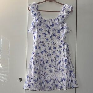LoveShackFancy White Floral Tiered Dress with Purple and Blue Accents